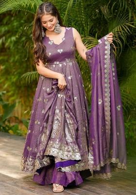 Purple Embroidery Blended Kurta Set