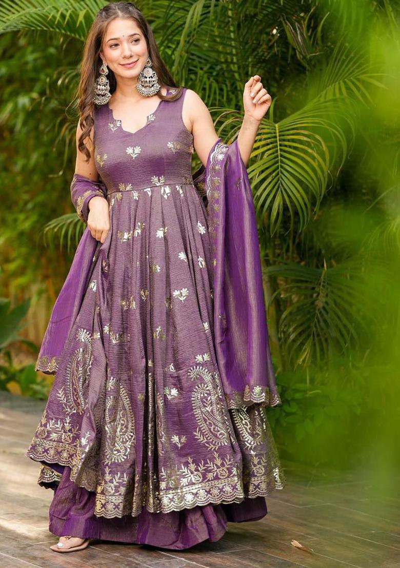Purple Embroidery Blended Kurta Set - Indya