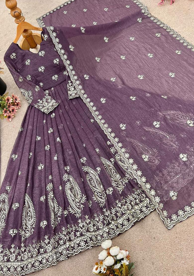 Purple Embroidery Blended Kurta Set - Indya