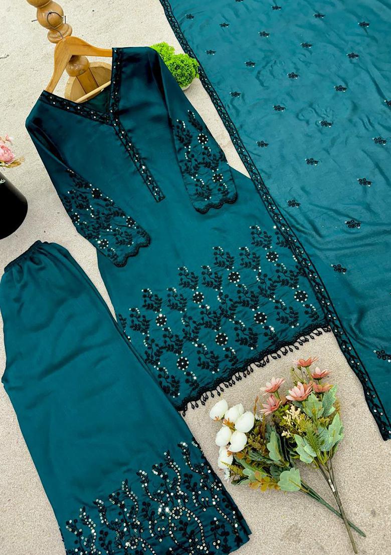 Green Embroidery Blended Kurta Set - Indya