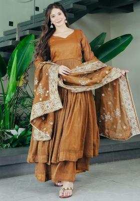 Brown Solid Blended Kurta Set