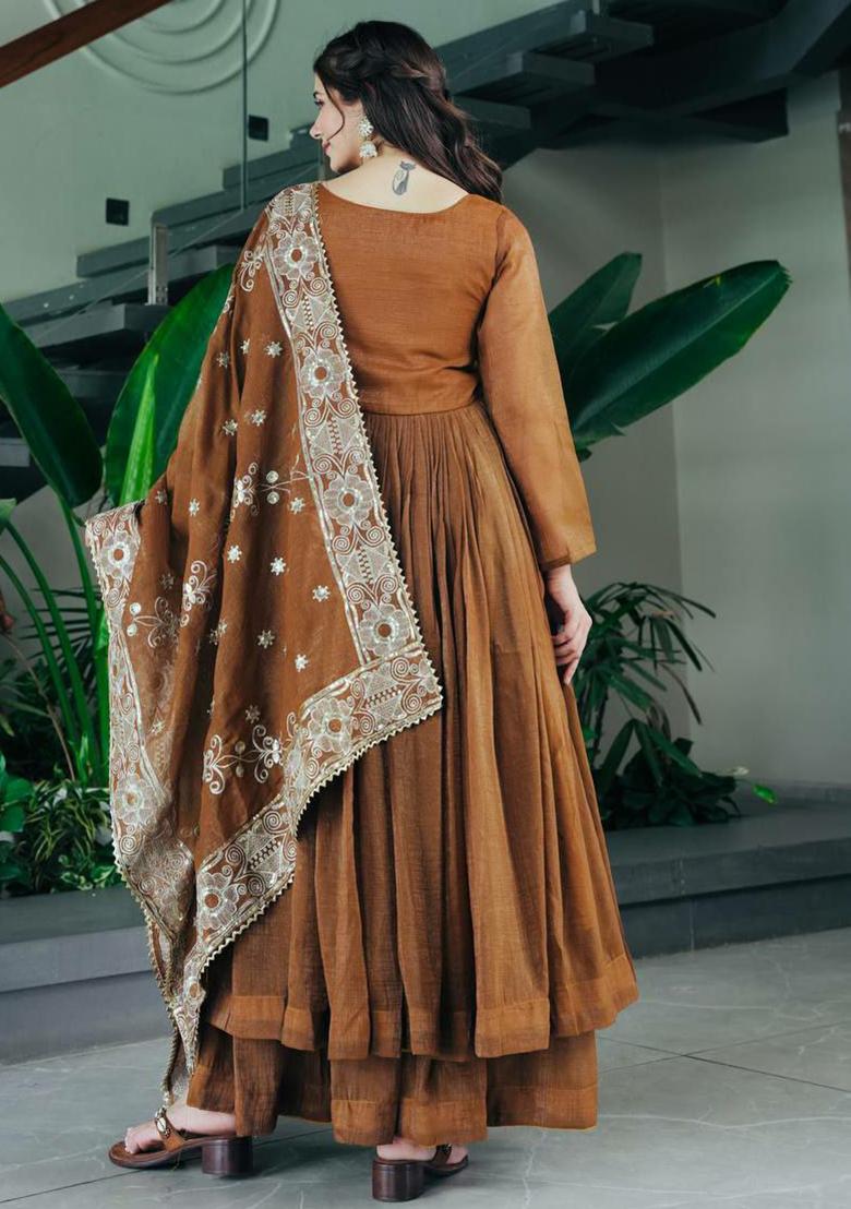 Brown Solid Blended Kurta Set - Indya
