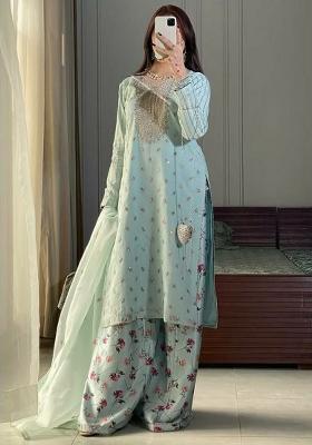 Blue Embroidery Blended Kurta Set