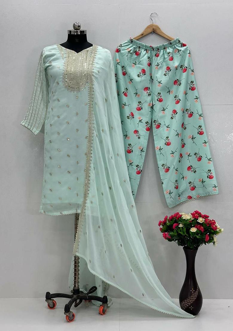 Blue Embroidery Blended Kurta Set - Indya