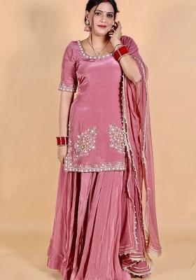 Pink Embroidery Blended Kurta Set