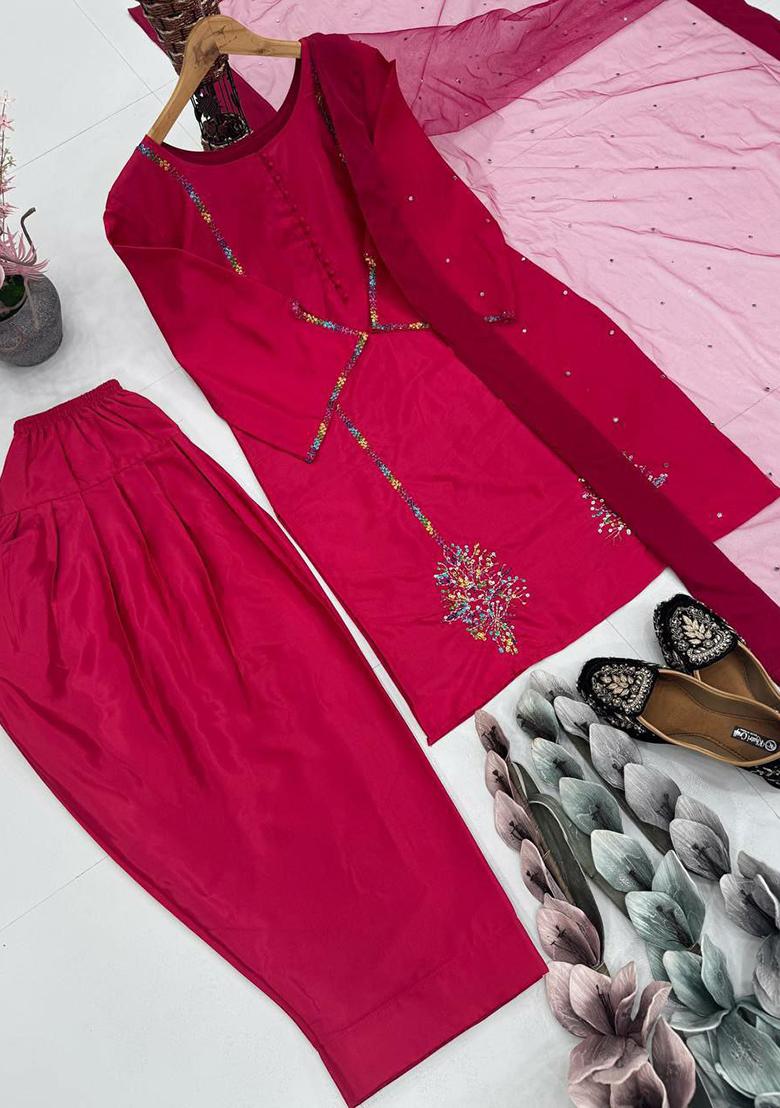 Red Solid Blended Kurta Set - Indya