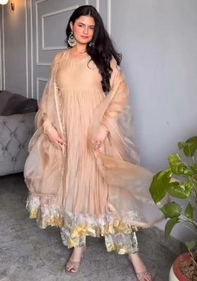 Cream Solid Blended Kurta Set