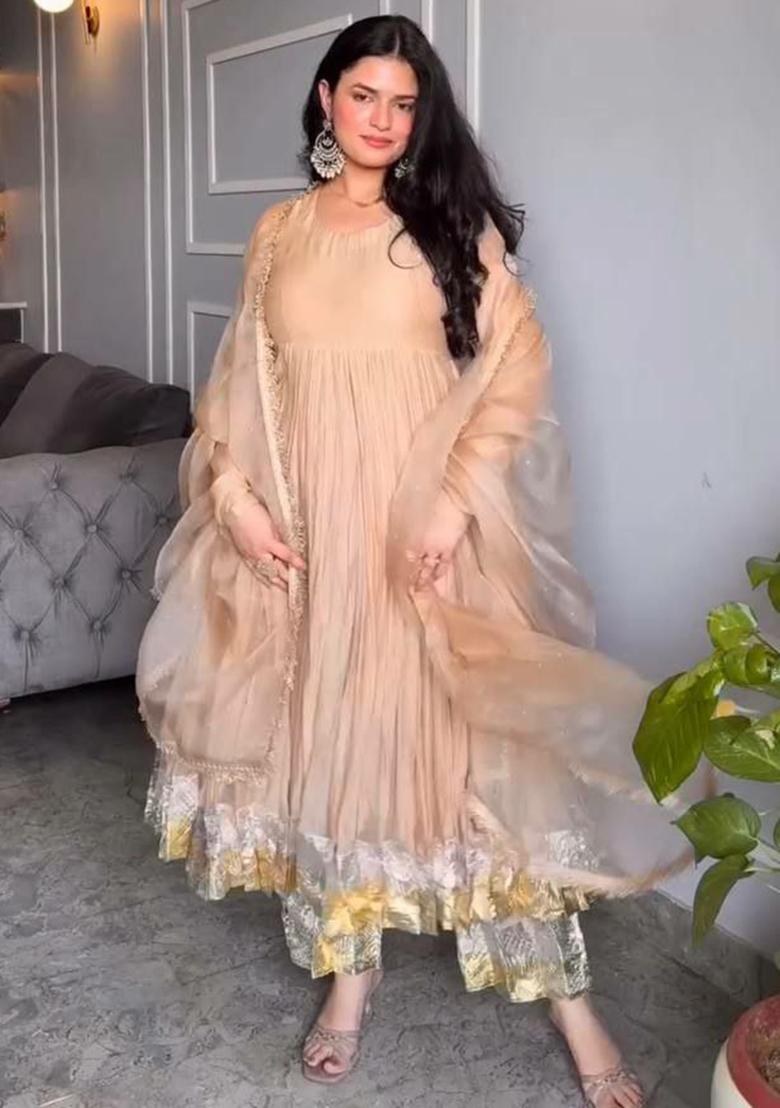 Cream Solid Blended Kurta Set - Indya