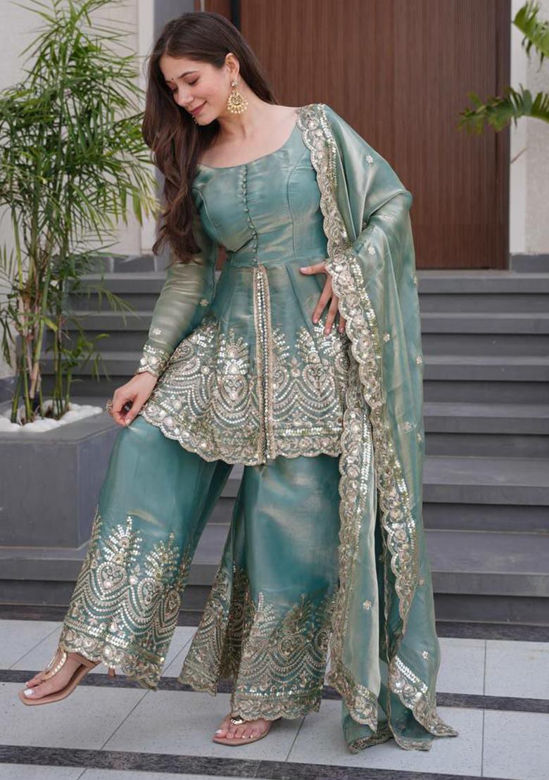 Green Embroidery Blended Kurta Set - Indya