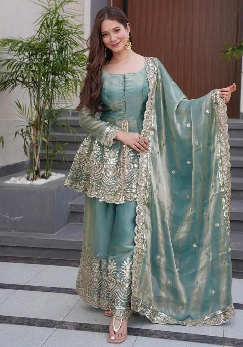 Green Embroidery Blended Kurta Set