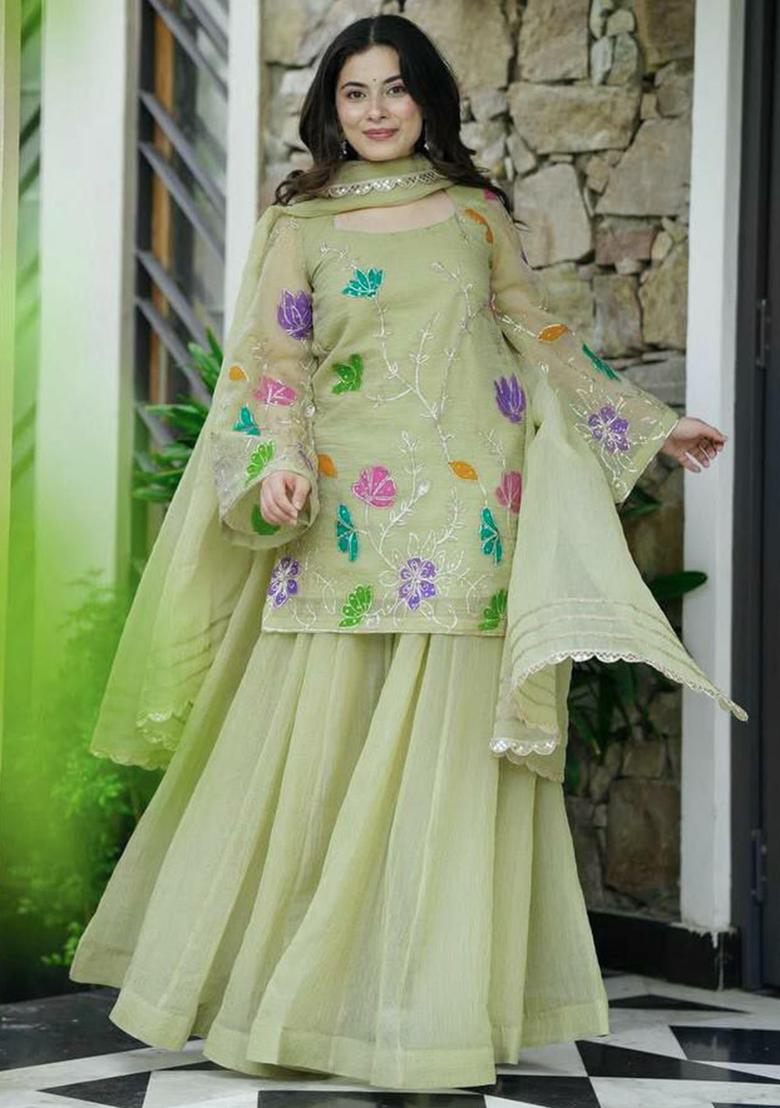 Yellow Embroidery Blended Kurta Set - Indya