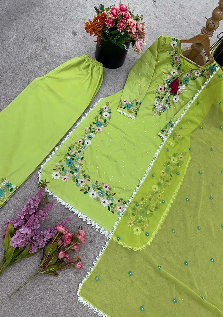 Yellow Embroidery Blended Kurta Set - Indya