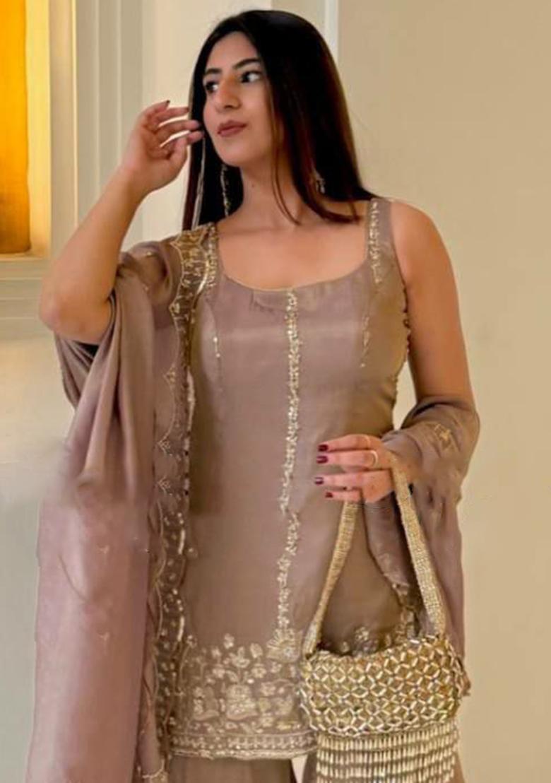 Pink Embroidery Blended Kurta Set - Indya