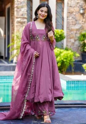 Pink Embroidery Blended Kurta Set