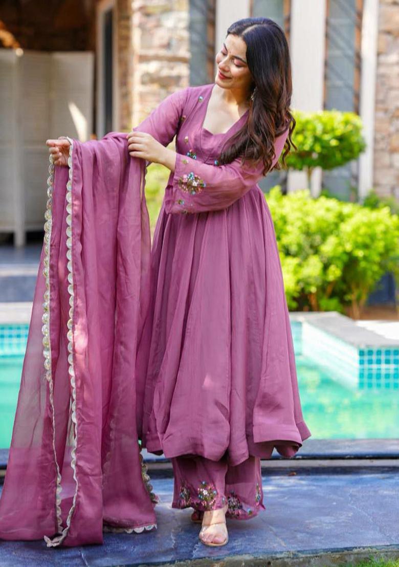 Pink Embroidery Blended Kurta Set - Indya