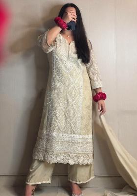 Beige Embroidery Blended Kurta Set