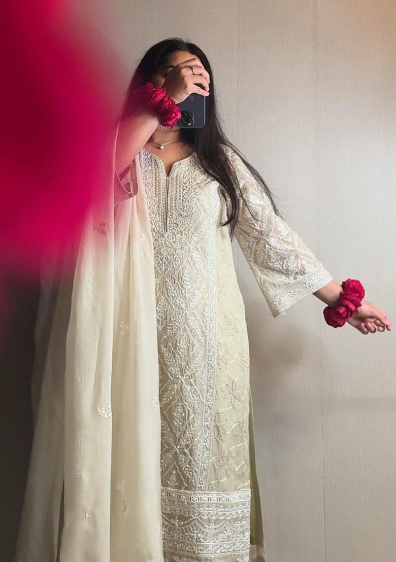 Beige Embroidery Blended Kurta Set - Indya