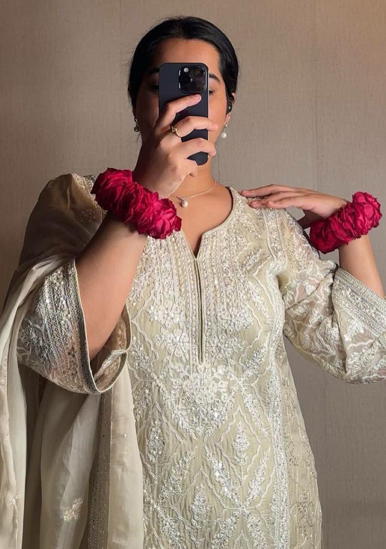 Beige Embroidery Blended Kurta Set - Indya