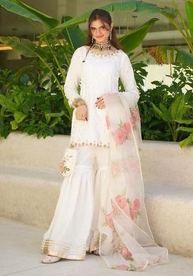 Off White Embroidery Blended Kurta Set