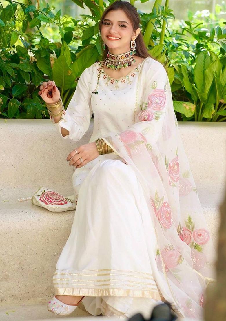 Off White Embroidery Blended Kurta Set - Indya