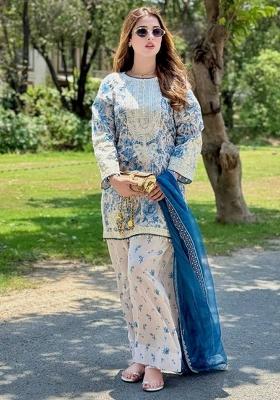 White Printed Blended Kurta Set