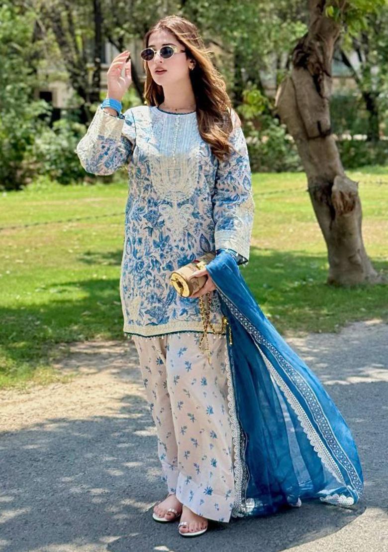 White Printed Blended Kurta Set - Indya