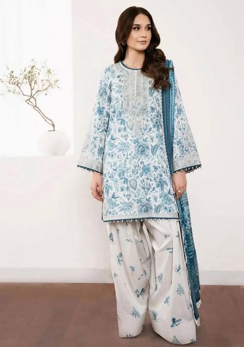 White Printed Blended Kurta Set - Indya