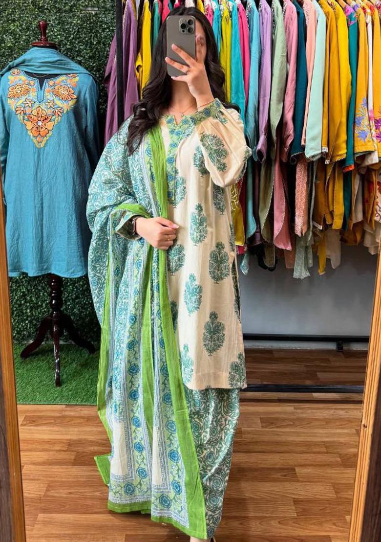 Off White Printed Blended Kurta Set - Indya