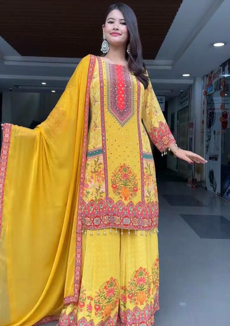 Yellow Embroidery Blended Kurta Set - Indya