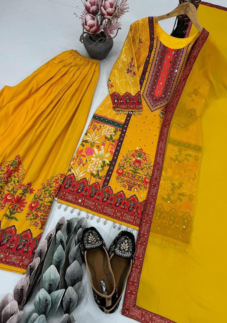 Yellow Embroidery Blended Kurta Set - Indya