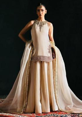 Off White Embroidery Blended Kurta Set