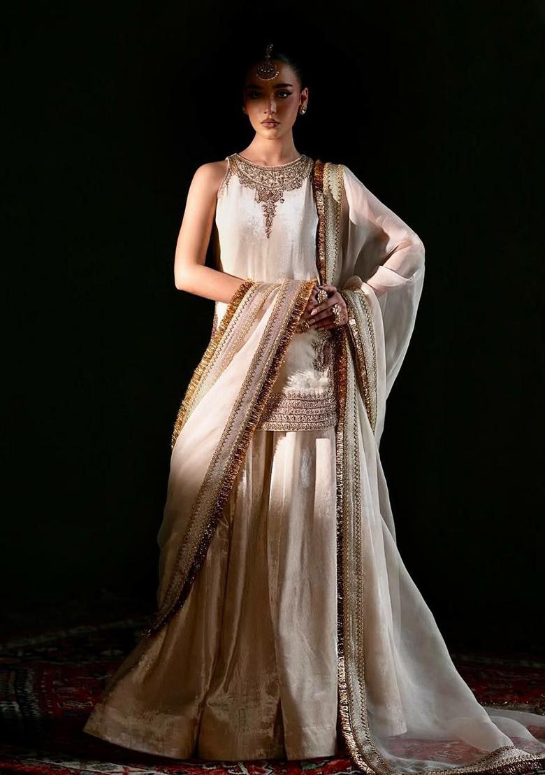 Off White Embroidery Blended Kurta Set - Indya