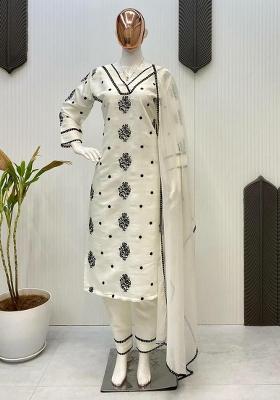 Off White Embroidery Blended Kurta Set