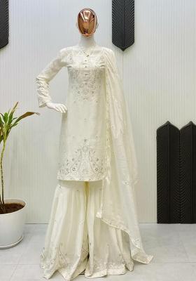 Off White Embroidery Blended Kurta Set