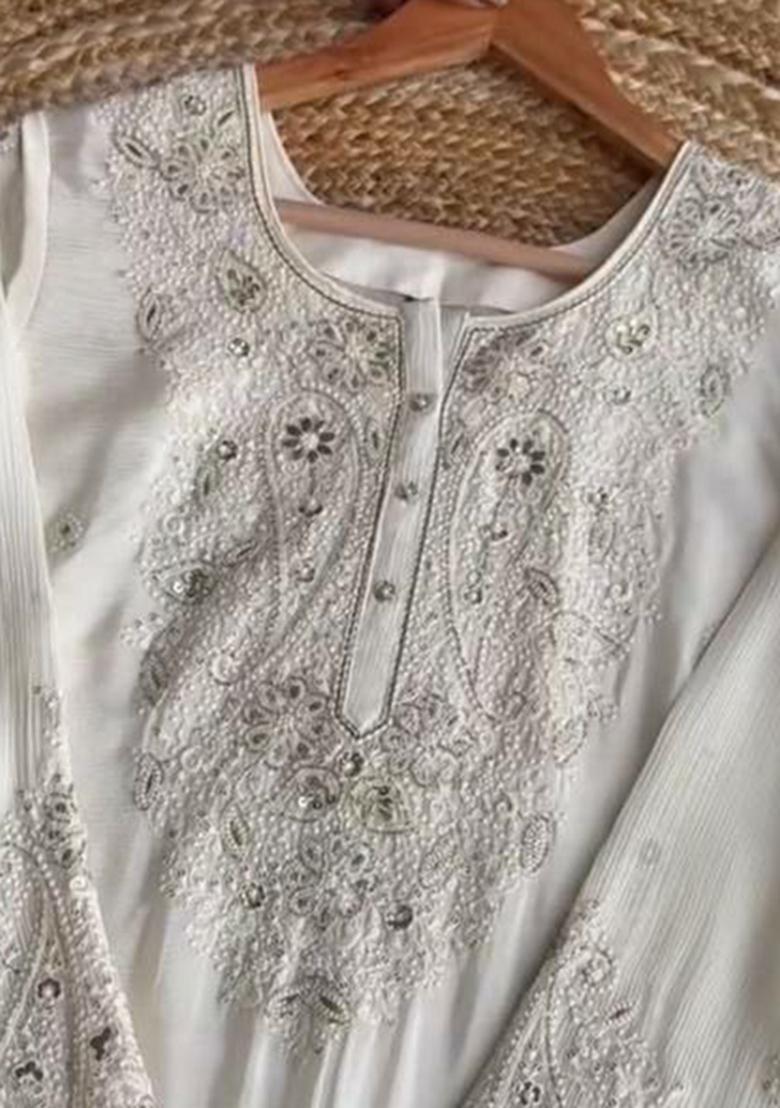 Off White Embroidery Blended Kurta Set - Indya