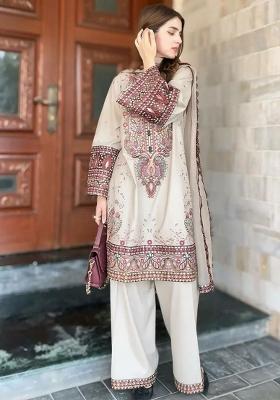Off White Embroidery Blended Kurta Set