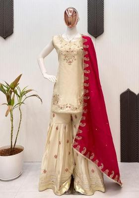 Pink Embroidery Blended Kurta Set