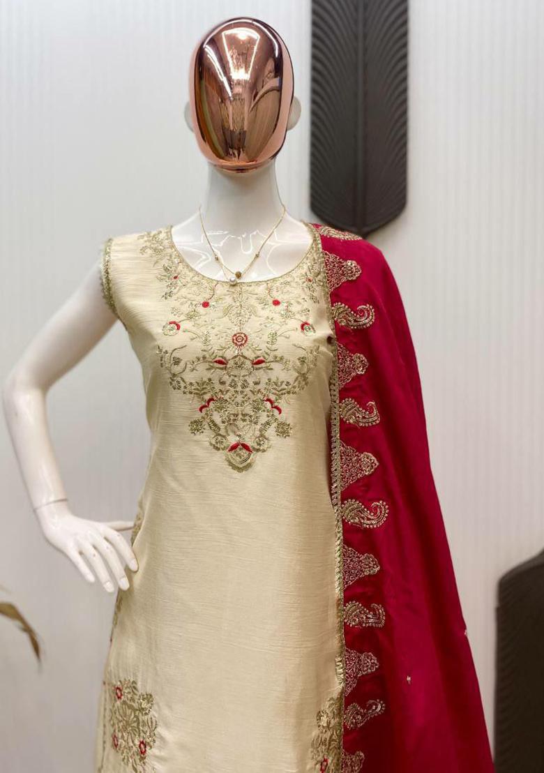 Pink Embroidery Blended Kurta Set - Indya