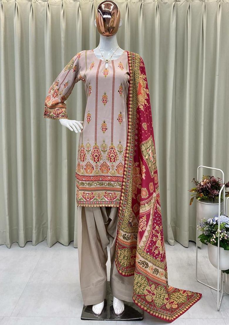 Pink Printed Blended Kurta Set - Indya