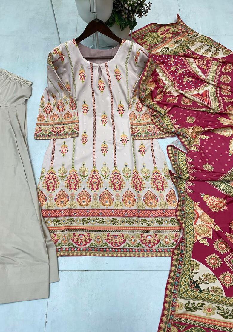 Pink Printed Blended Kurta Set - Indya