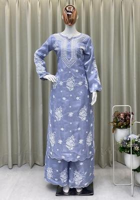 Blue Embroidery Blended Kurta Set