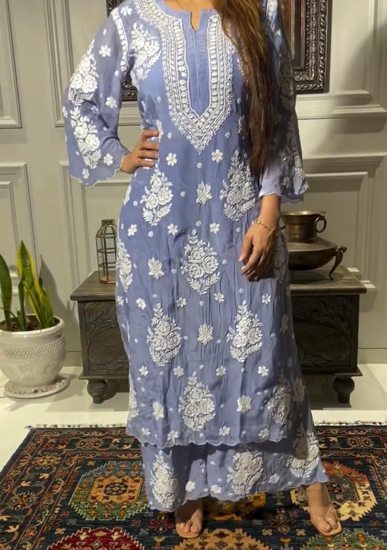 Blue Embroidery Blended Kurta Set - Indya