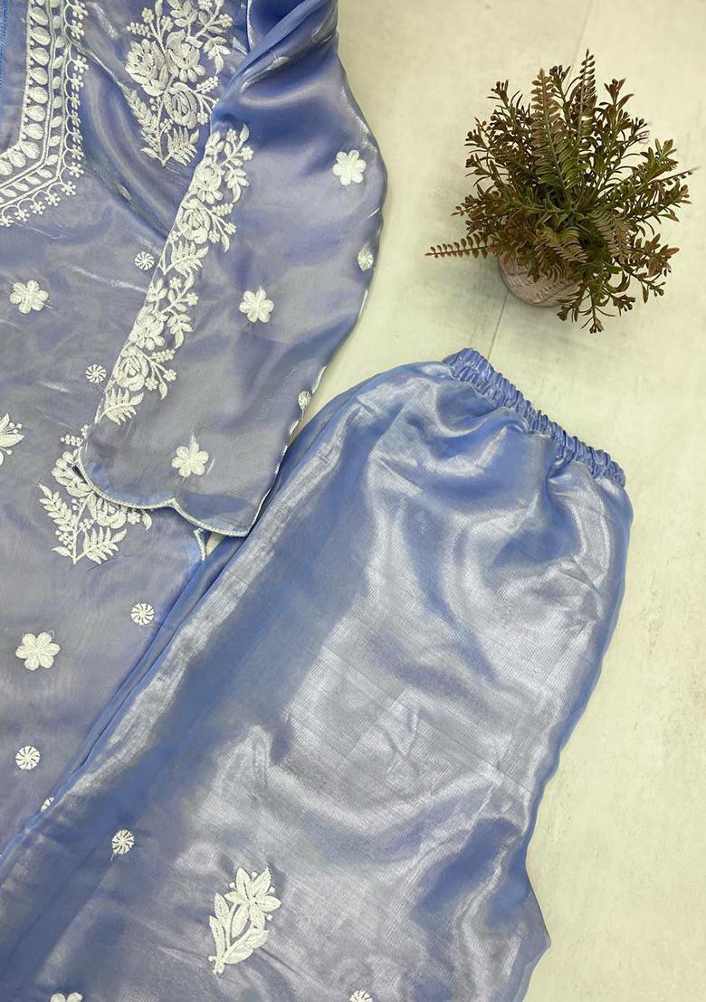 Blue Embroidery Blended Kurta Set - Indya