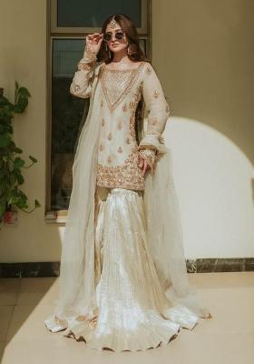 Off White Embroidery Blended Kurta Set