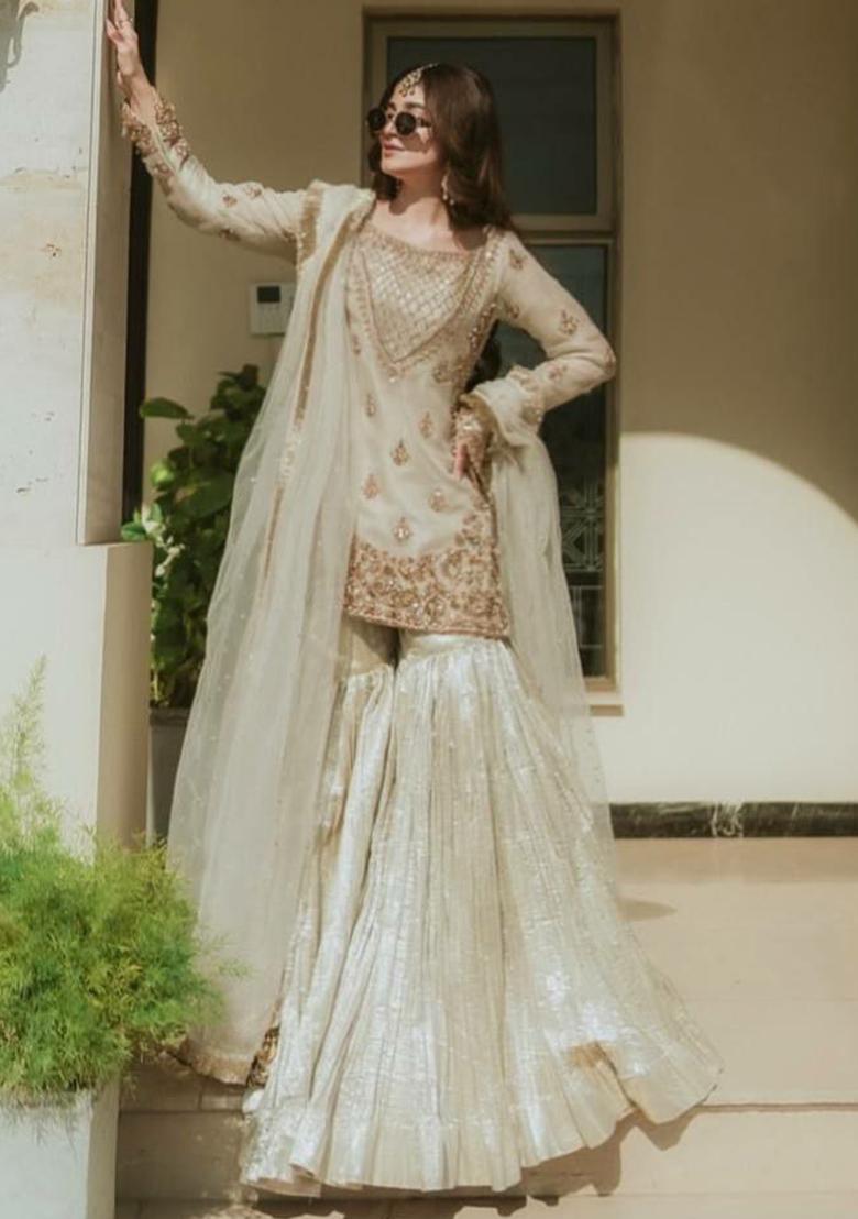 Off White Embroidery Blended Kurta Set - Indya