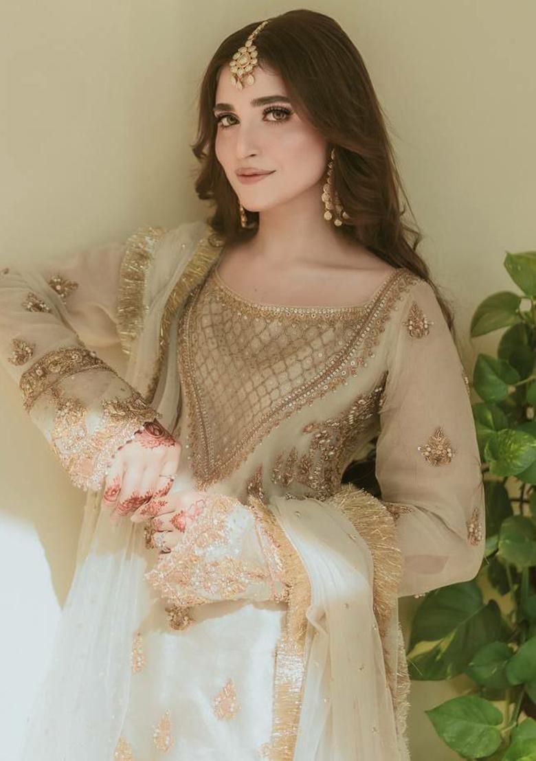 Off White Embroidery Blended Kurta Set - Indya