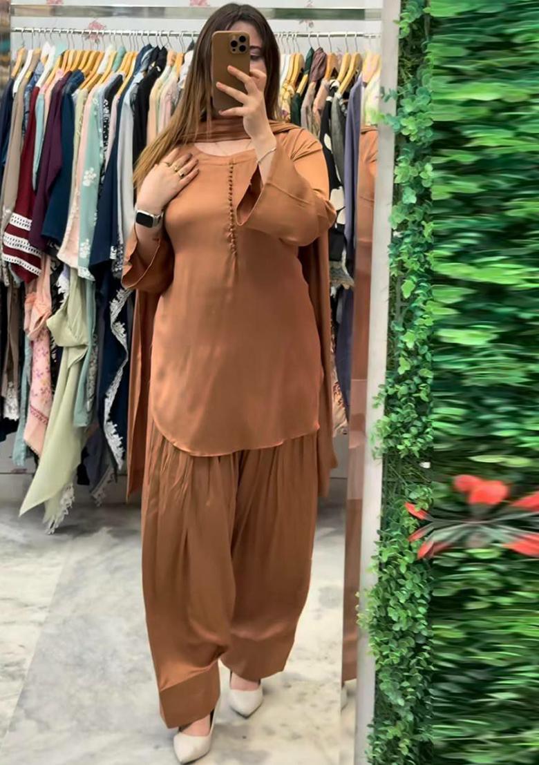 Brown Solid Blended Kurta Set - Indya