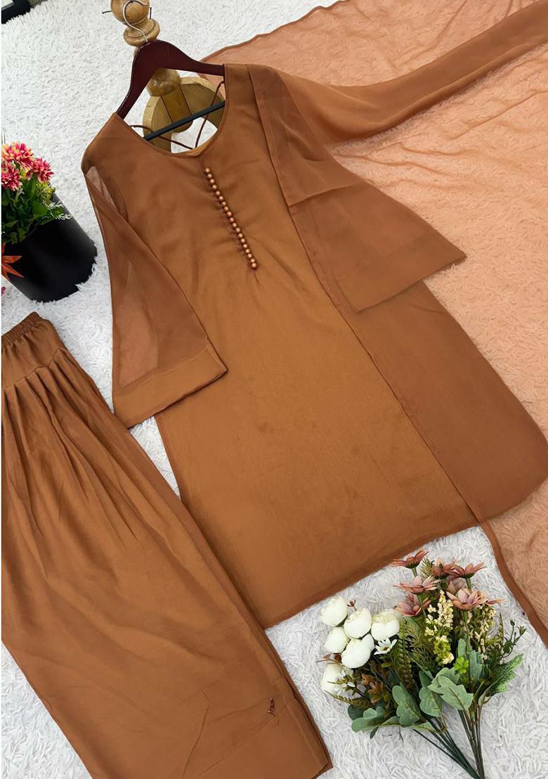 Brown Solid Blended Kurta Set - Indya