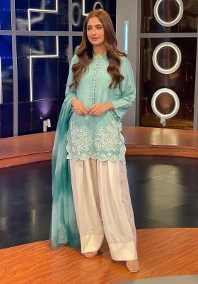 Blue Embroidery Blended Kurta Set