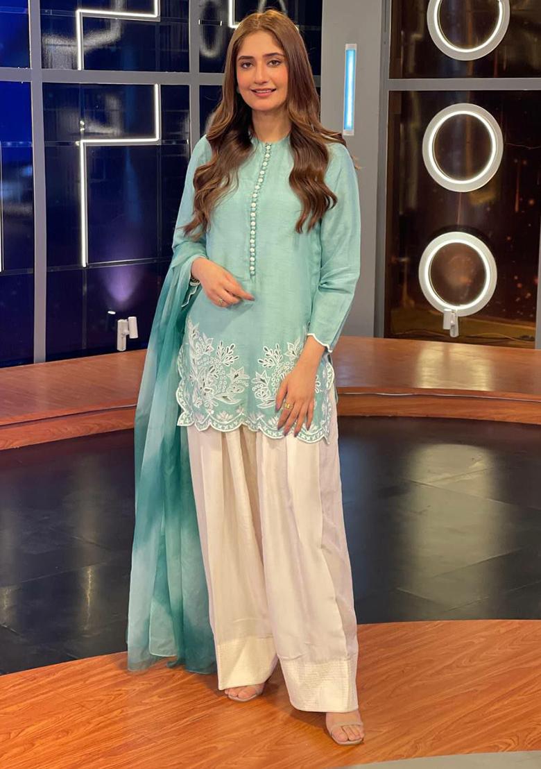 Blue Embroidery Blended Kurta Set - Indya
